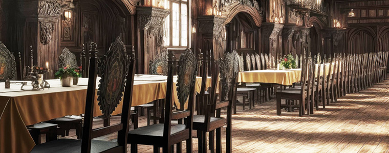 Gran salón de banquetes medieval con mesas de madera