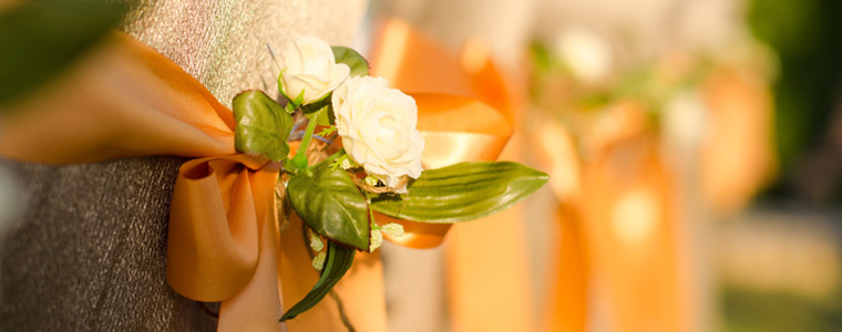 Detalle de sillas decoradas en salón de bodas